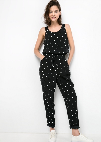 white and black polka dot jumpsuit