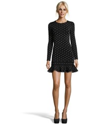 Torn By Ronny Kobo Black Polka Dotted Stretch Geraldine Long Sleeves Flared Dress