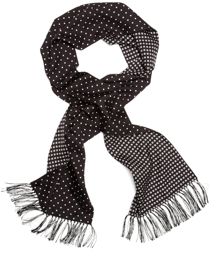 Elizabetta Mens Black and White Polka Dot Silk Scarf - Italian