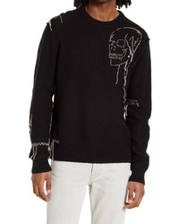 John Varvatos Graves Drawing Skull Crewneck Wool Blend Sweater