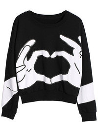 Heart Gesture Print Black Sweatshirt