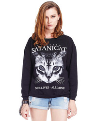 Romwe Satan Cat Print Long Sleeve Black Sweatshirt