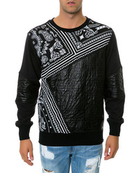 Square Zero Light Fleece Bandana Print With Quilted Faux Leather Cut Block Crew Neck Pullover