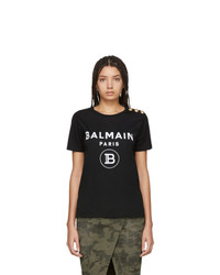 Balmain Black Button Flocked Logo T Shirt