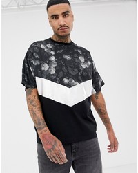 ASOS DESIGN Oversized T Shirt With Floral Chevron Yoke And Silver Foil Colour Blocking Panel