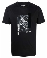 Les Hommes Rose Print Logo T Shirt