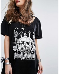 Sacred Hawk Festival Oversized Band T Shirt With Black Sabbath Print And Beaded Choker Neck