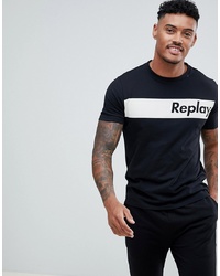 Replay Sport Stripe Logo T Shirt In Black