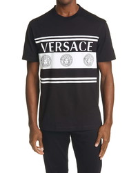 Versace Stripe Medusa Logo Cotton T Shirt