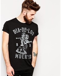 Asos T Shirt With Day Of The Dead Print And Rolled Sleeve Skater Fit Black
