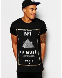 Asos T Shirt With Monochrome Gold Foil Print And Rolled Sleeve Skater Fit Black