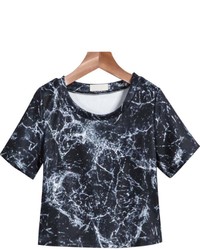 Black Short Sleeve Crack Print Crop T Shirt