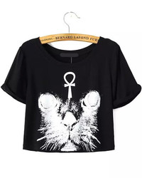 Cat Print Crop T Shirt