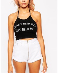 Omighty Omighty Cropped Halter Neck Top With Tits Print