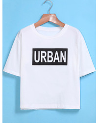 Round Neck Letters Print Crop White T Shirt