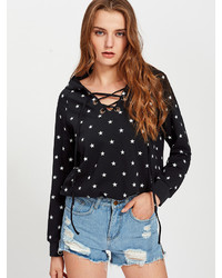 Shein Allover Star Print Eyelet Lace Up Hoodie