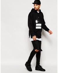 Asos Brand Oversized Longline Printed Hoodie With Side Zips In Black