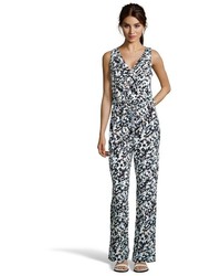 Vince Camuto Blue And Black Printed Stretch Jersey Mesh Back Jumpsuit