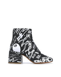 Black and White Print Leather Ankle Boots