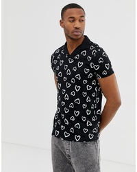 ASOS DESIGN Polo With All Over Heart Print And Revere Collar