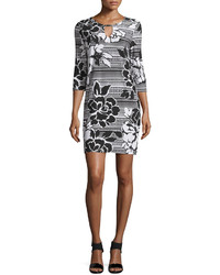 Neiman Marcus 34 Sleeve Floral Print Caftan Shift Dress Blackwhite