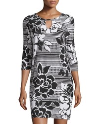 Neiman Marcus 34 Sleeve Floral Print Caftan Shift Dress Blackwhite