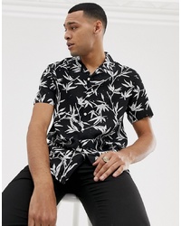 New Look Regular Fit Revere Shirt With Leaf Print In Black