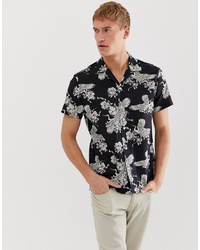Selected Homme Revere Collar Shirt With All Over Bird Print In Black