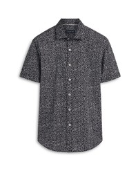 Bugatchi Shaped Fit Stretch Print Short Sleeve Button Up Shirt In Black At Nordstrom