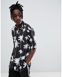 Bershka Short Sleeved Shirt In Black With Palm Trees
