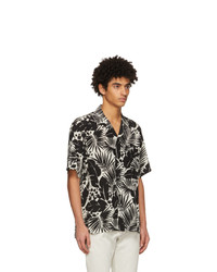 Saint Laurent Black And White Silk Tropical Shark Collar Short Sleeve Shirt