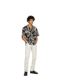 Saint Laurent Black And White Silk Tropical Shark Collar Short Sleeve Shirt