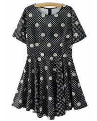 Black Polka Dots Daisy Print Skater Dress
