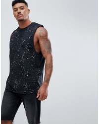 ASOS DESIGN Sleeveless T Shirt With Dropped Armhole In Splatter Wash In Black