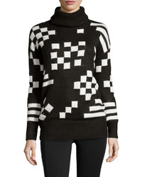 Neiman Marcus Geometric Print Turtleneck Sweater Blackivory