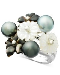 Macy's Sterling Silver Ring Black Tahitian Pearl And White Mother Of Pearl Flower