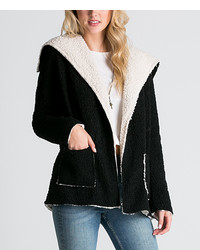 Black Off White Faux Fur Lined Pocket Accent Open Jacket