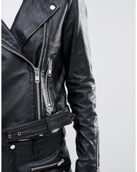 Yas Ash Leather Jacket With White Faux Shearling Collar