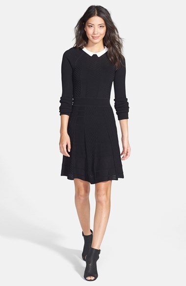 Cynthia Steffe Nola Collared Textured Fit Flare Sweater Dress