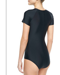 Cover Short Sleeve Zip Swimsuit Black