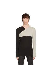 Rick Owens Black And Beige Wool And Cotton V Neck Sweater