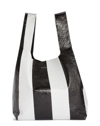 Black and White Vertical Striped Leather Tote Bag