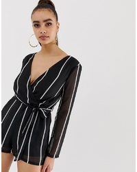 Missguided Plunge Playsuit In Mono Stripe