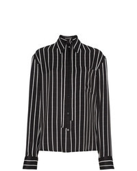 Black and White Vertical Striped Satin Button Down Blouse