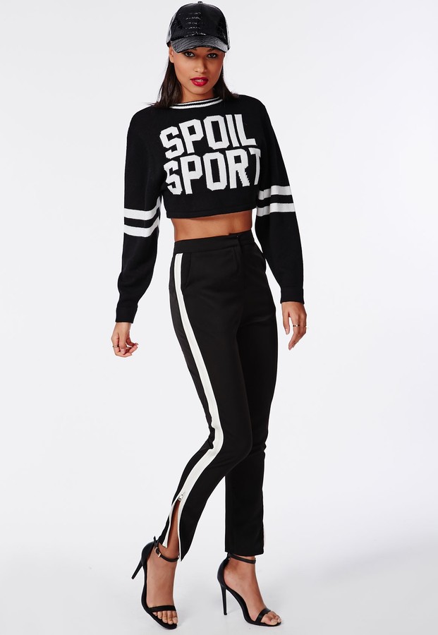 black trousers with white stripe