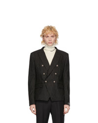 Black and White Vertical Striped Wool Double Breasted Blazer
