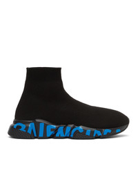 Balenciaga Black And Blue Graffitti Sole Speed High Top Sneakers