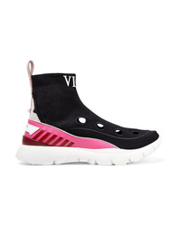 Valentino Garavani Suede And Leather Trimmed Stretch Knit Sneakers