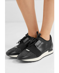 Balenciaga Race Runner Metallic Stretch Knit And Leather Sneakers