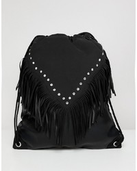 ASOS DESIGN Festival Drawstring Backpack In Black With Aztec And Studs